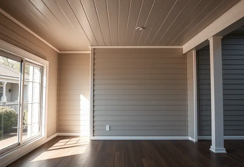 Illustration of a room with horizontal lap siding and recessed lighting.